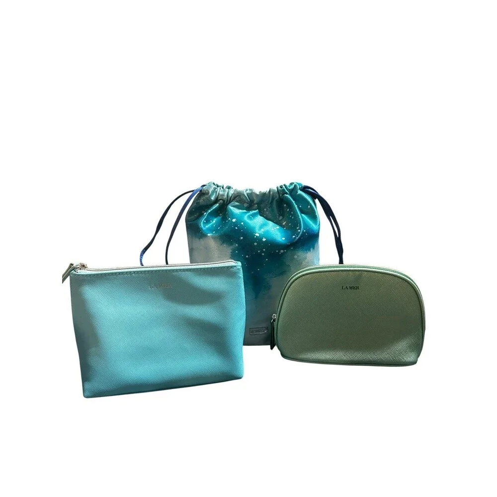 3 Lot La Mer Women's Marble, Blue & Green Travel Makeup Bag Pouch - 2 NEW